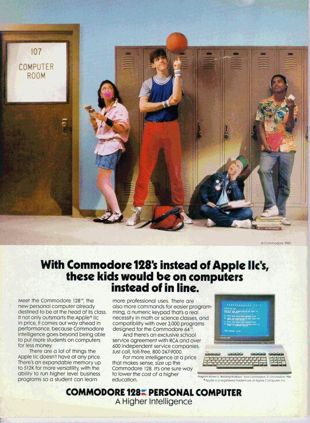 [With Commodore 128's instead of Apple IIc's these kids would be on computers instead of in line]